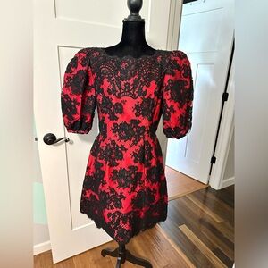 Vintage 80s Pauline Trigere Red Silk Cocktail Dress w/ Black Lace, Small Medium